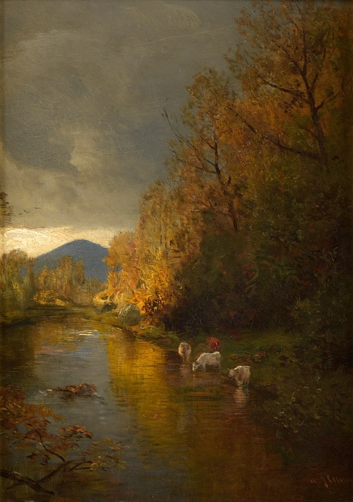 Paesaggio fluviale con bovini al pascolo